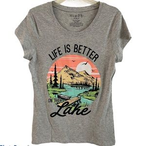 On The Lake Graphic Print T-Shirt Women Size Med NEW